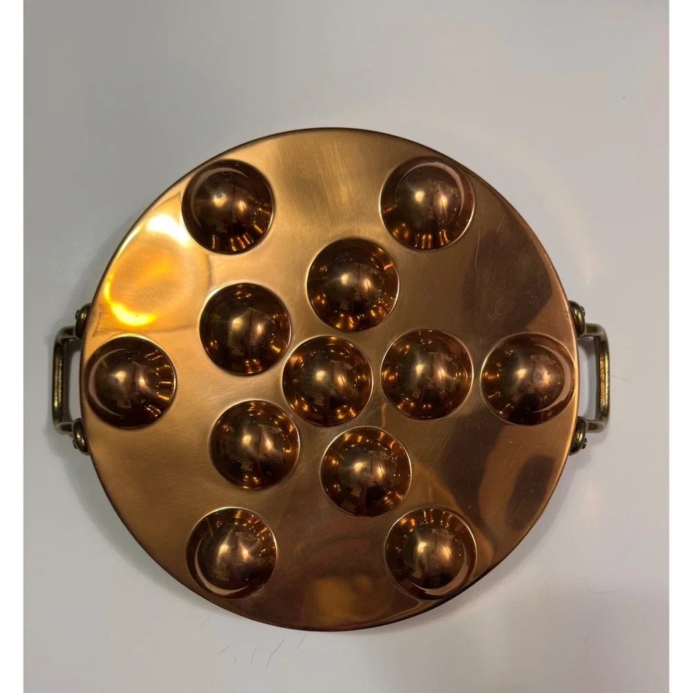 Vintage Copper Escargot Pan 12 Wells Brass Handles French Snail Baking 10.5in